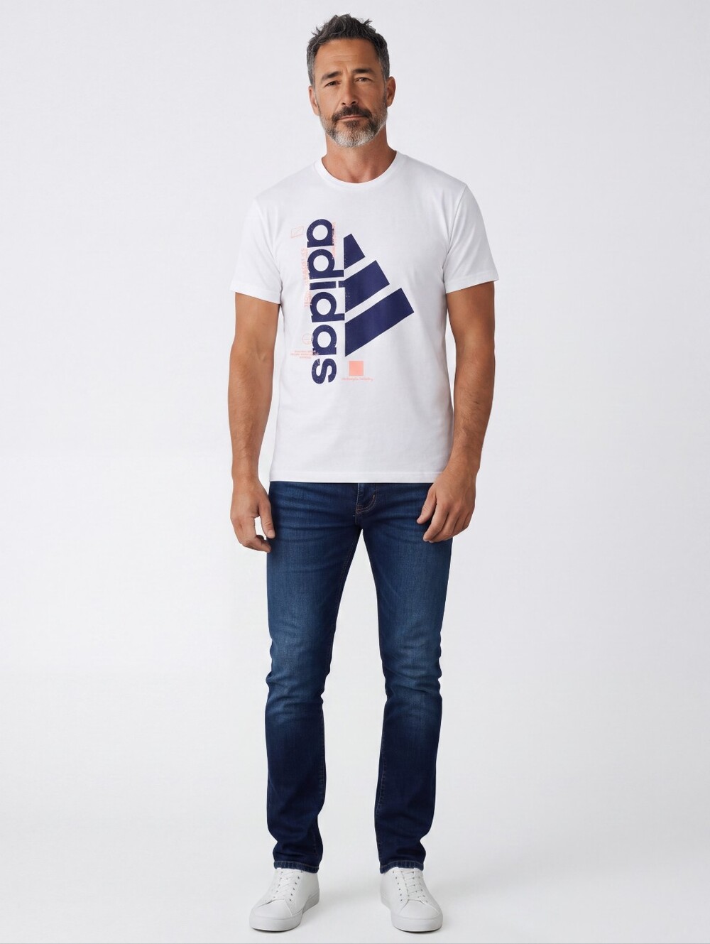 adidas White Short Sleeve Tee with Navy Graphic Logo